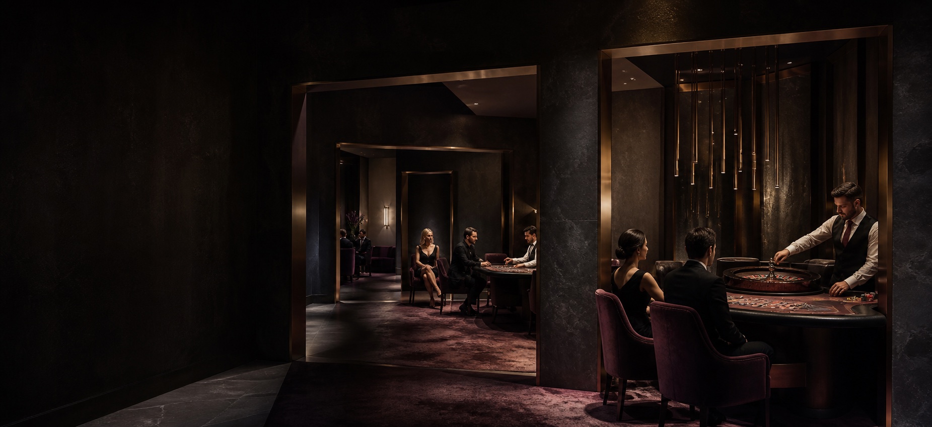 Sophisticated Casino Resort rooms framed by bronze architectural portals