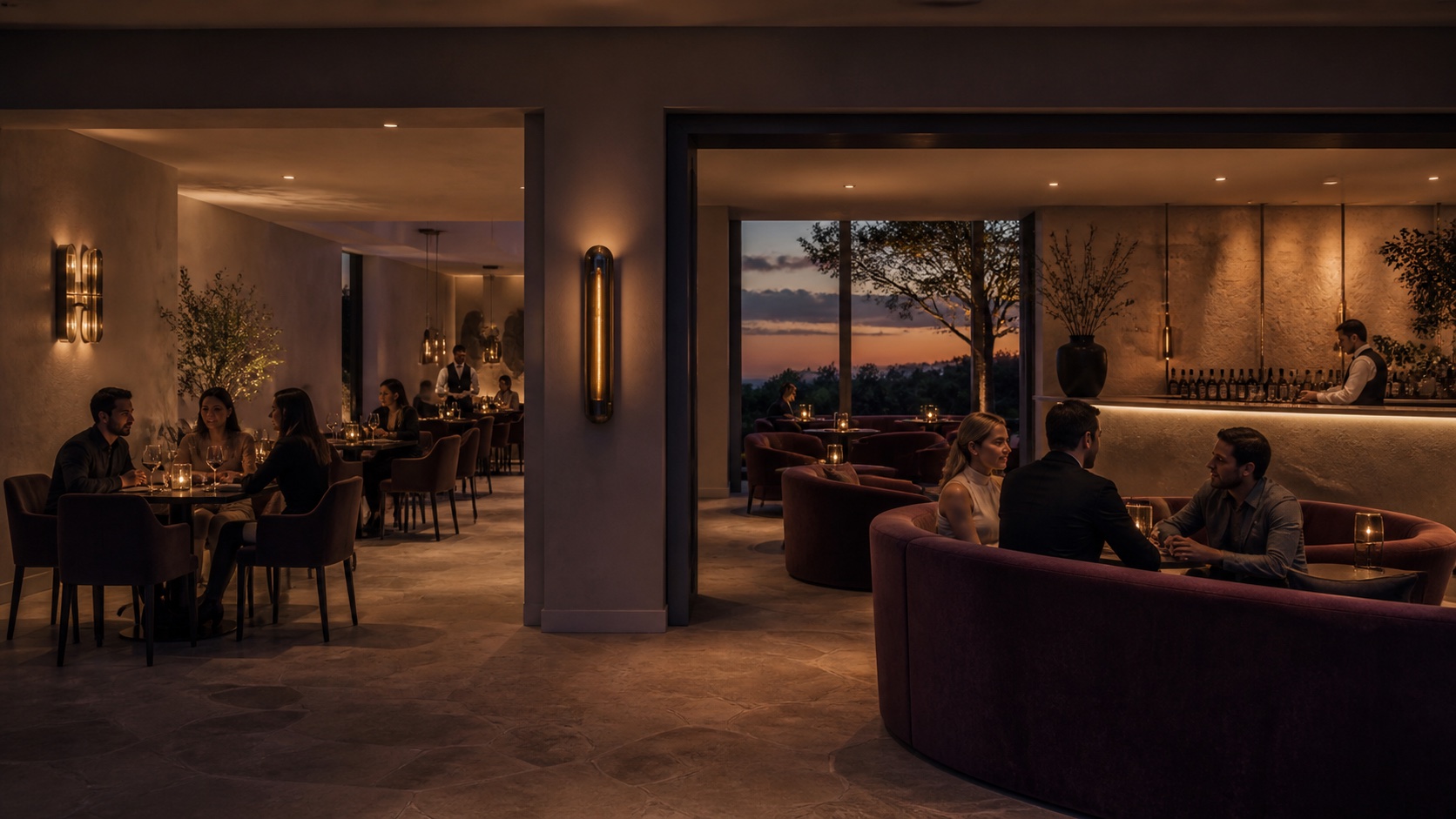 Warm dining room opening into a muted plum evening lounge